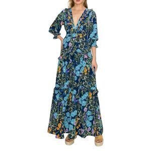 MELLODAY V-Neck Tiered Navy Multicolored Maxi Dress 
Size XL